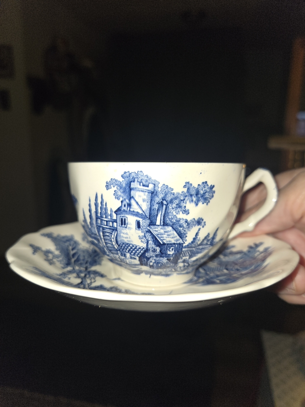 Fine China Cup & Saucer. Made In England . Johnson Bro. Rare Item The Old Mill